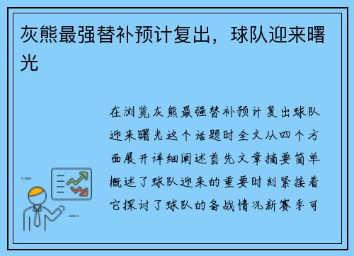 灰熊最强替补预计复出，球队迎来曙光